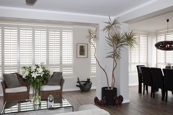 Modern dining/living room with shutters on all windows